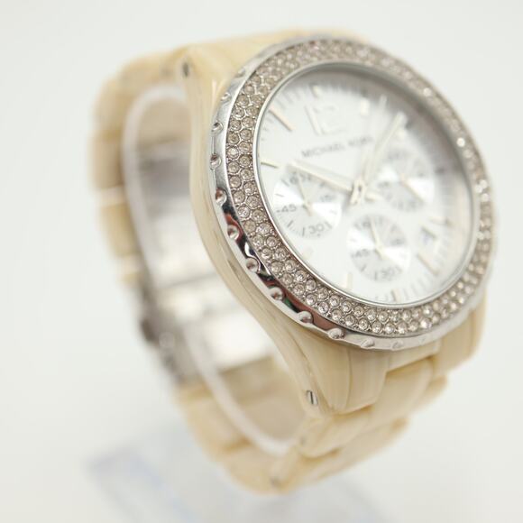 Michael Kors 42mm Chronograph Watch 6" Jet Set Horn Beige Acrylic w New Battery - Picture 9 of 13